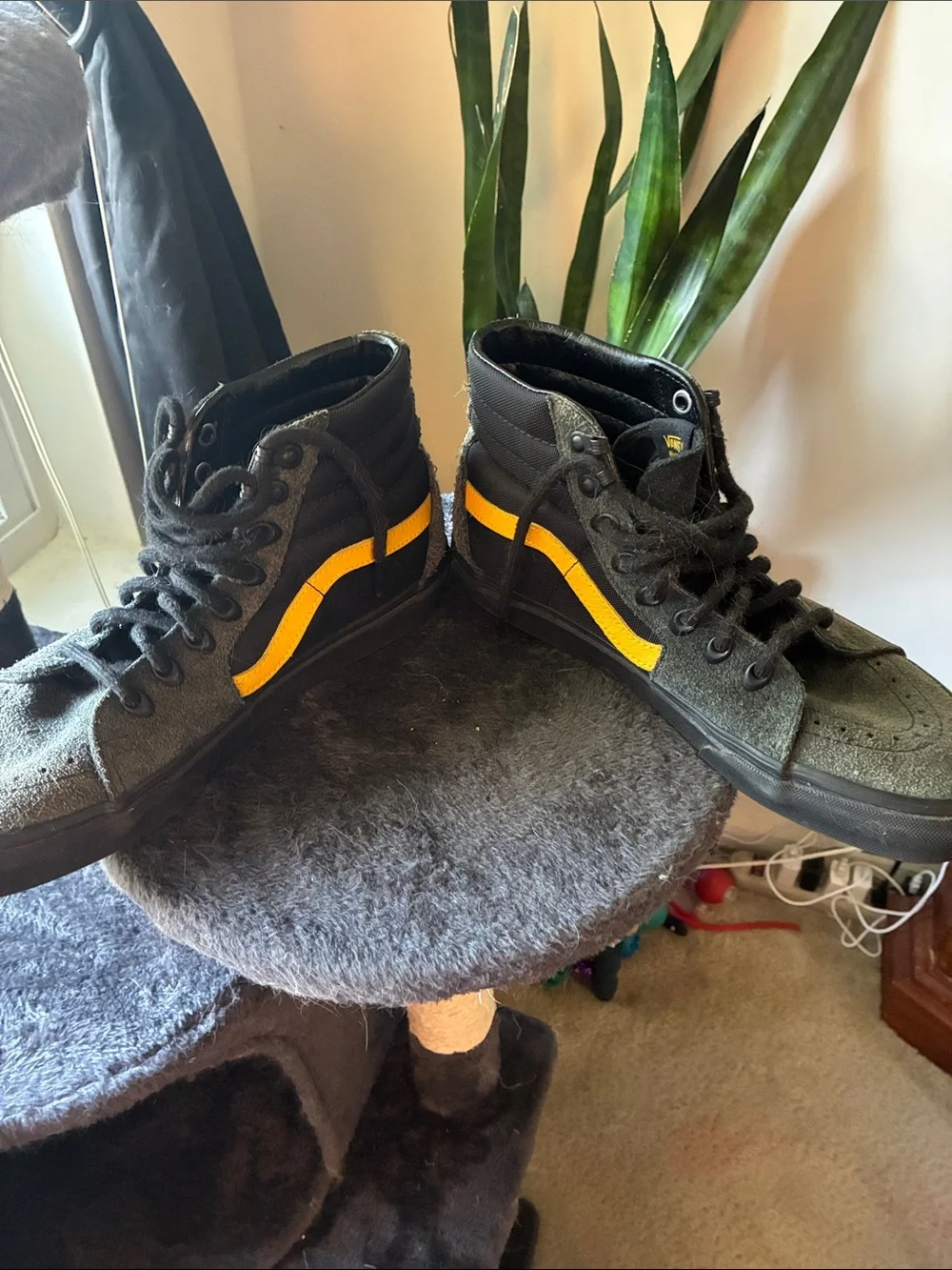 Vans Olive Green and Black High-Top Sneakers with Yellow Logo